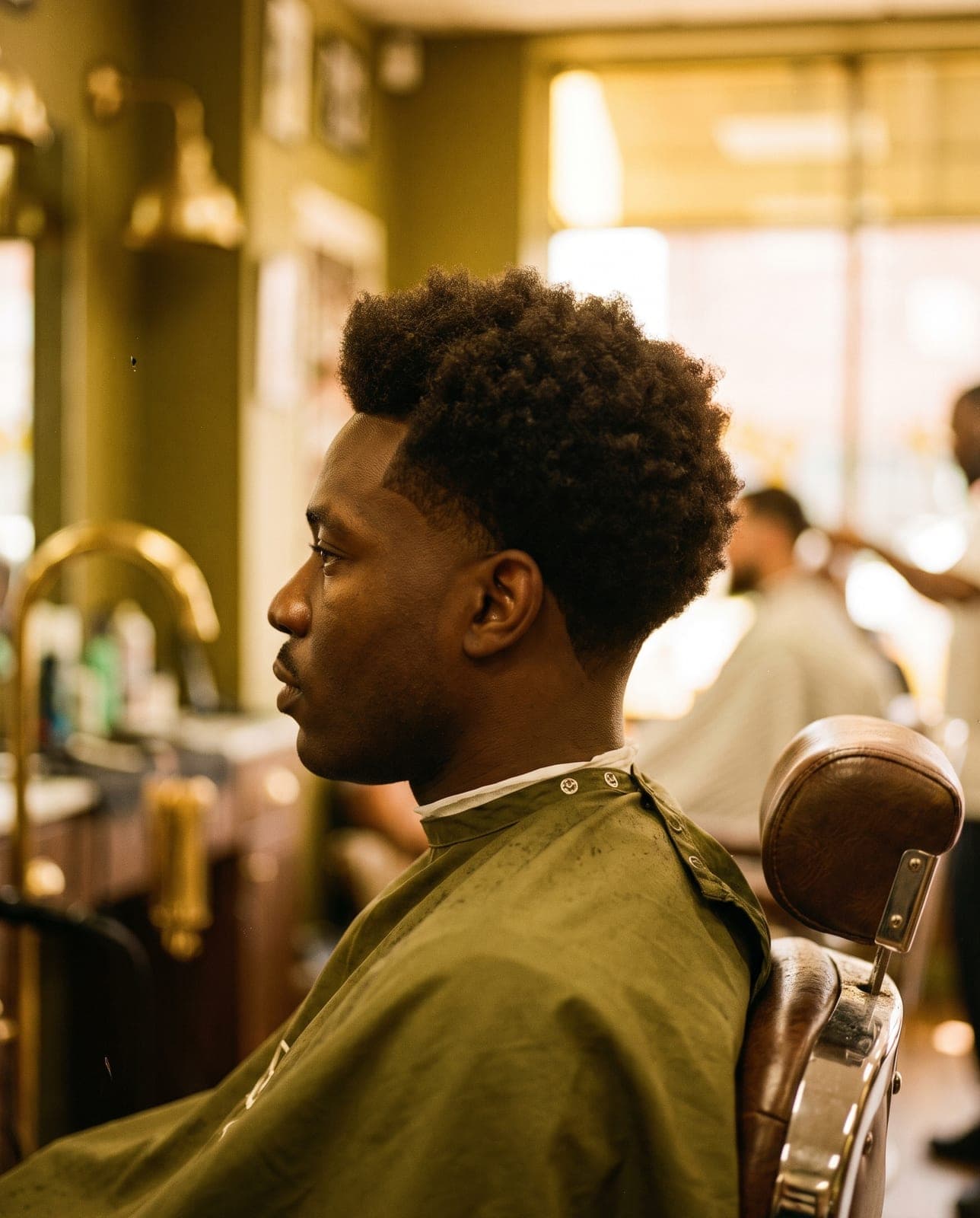 An afro taper with fuller curls on top and clean, tapered edges