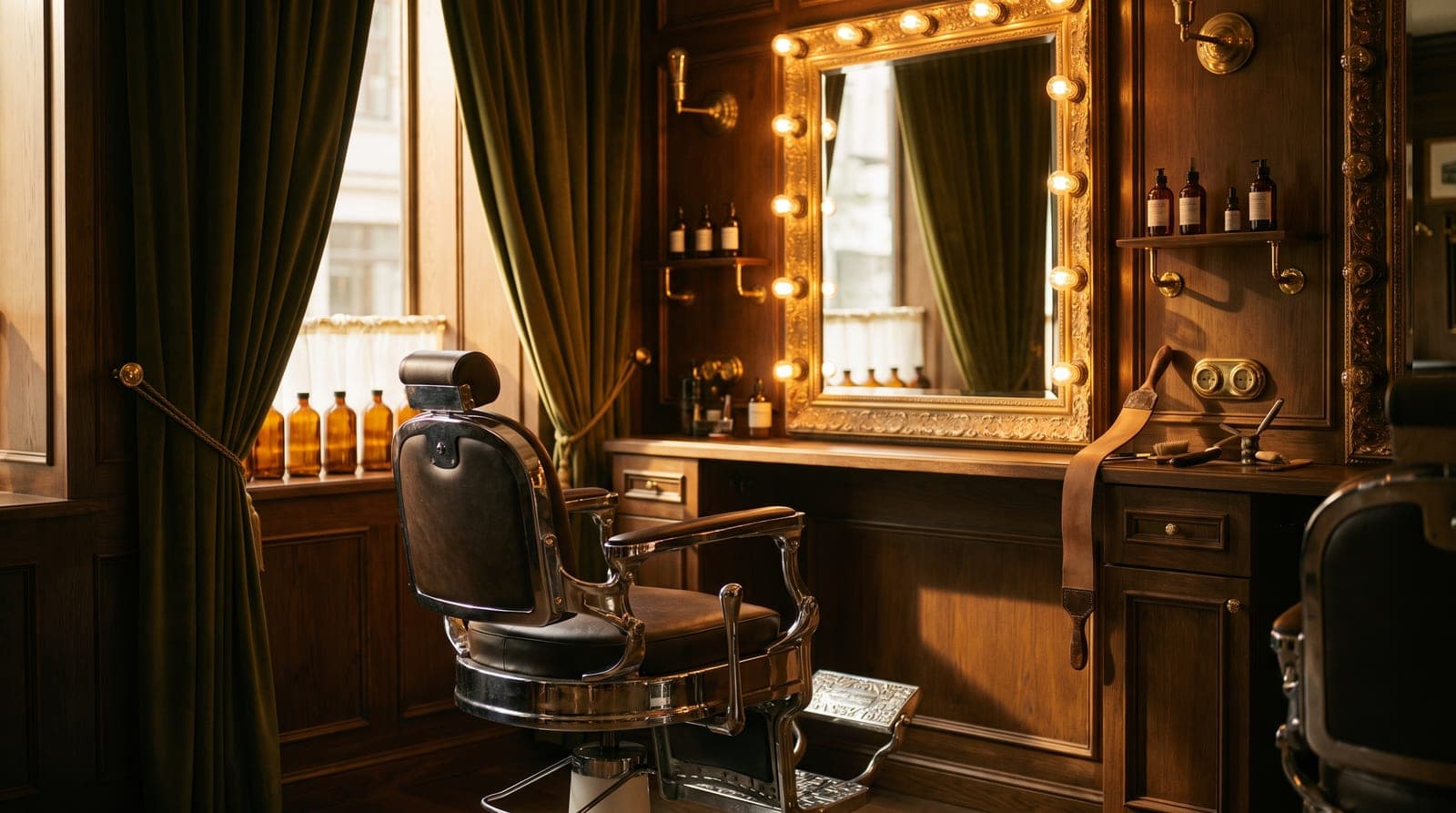 Interior of S & N Styling Center — a classic chrome-and-leather barber chair beside a gilded mirror in a warmly lit, wood-paneled studio