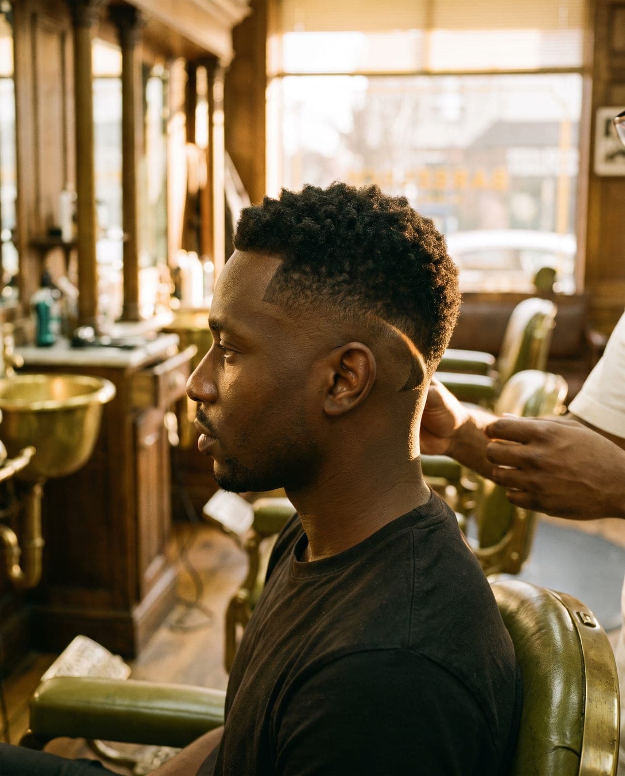 A drop fade that curves low behind the ear