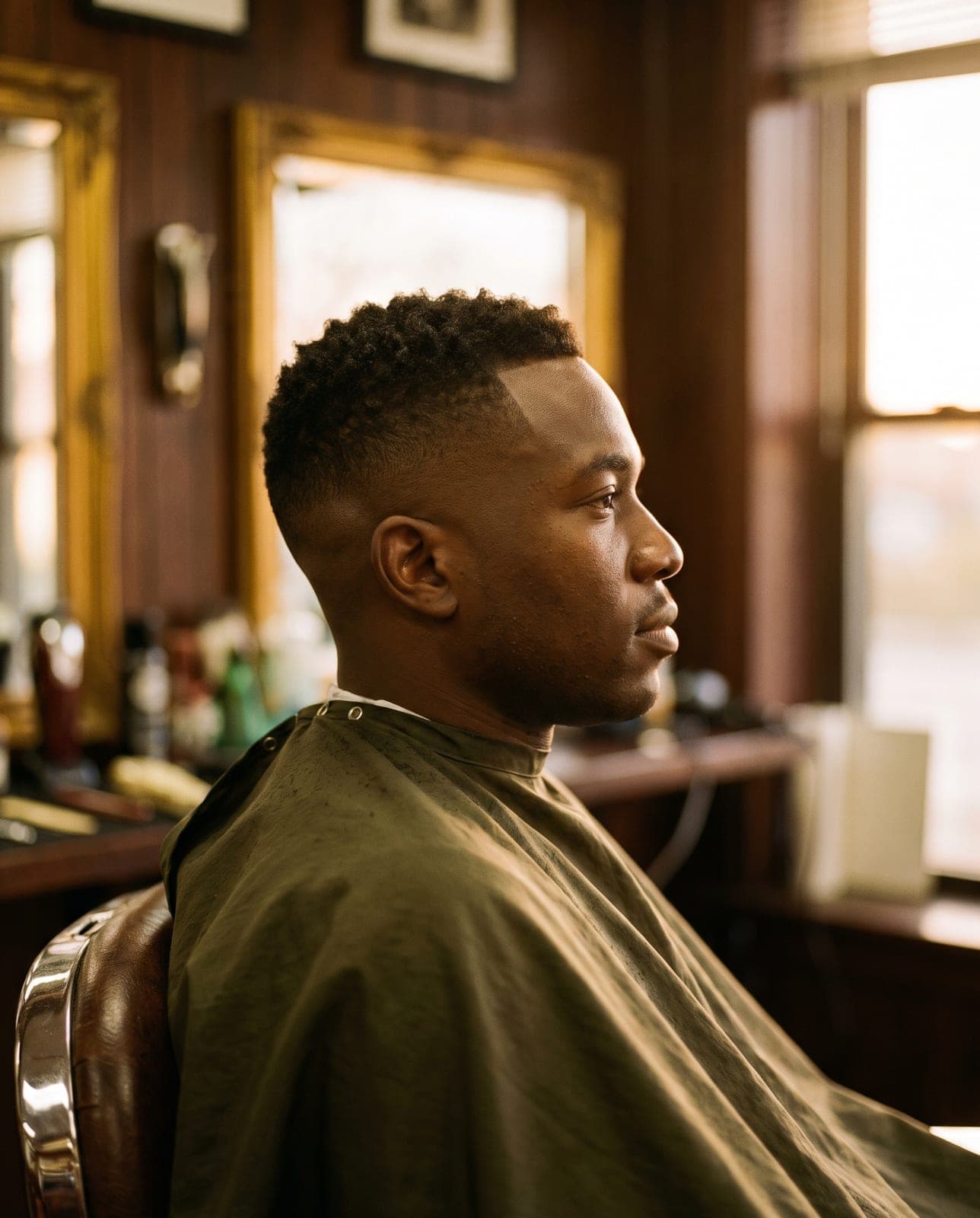 A low fade haircut, tapered short to skin low near the neckline