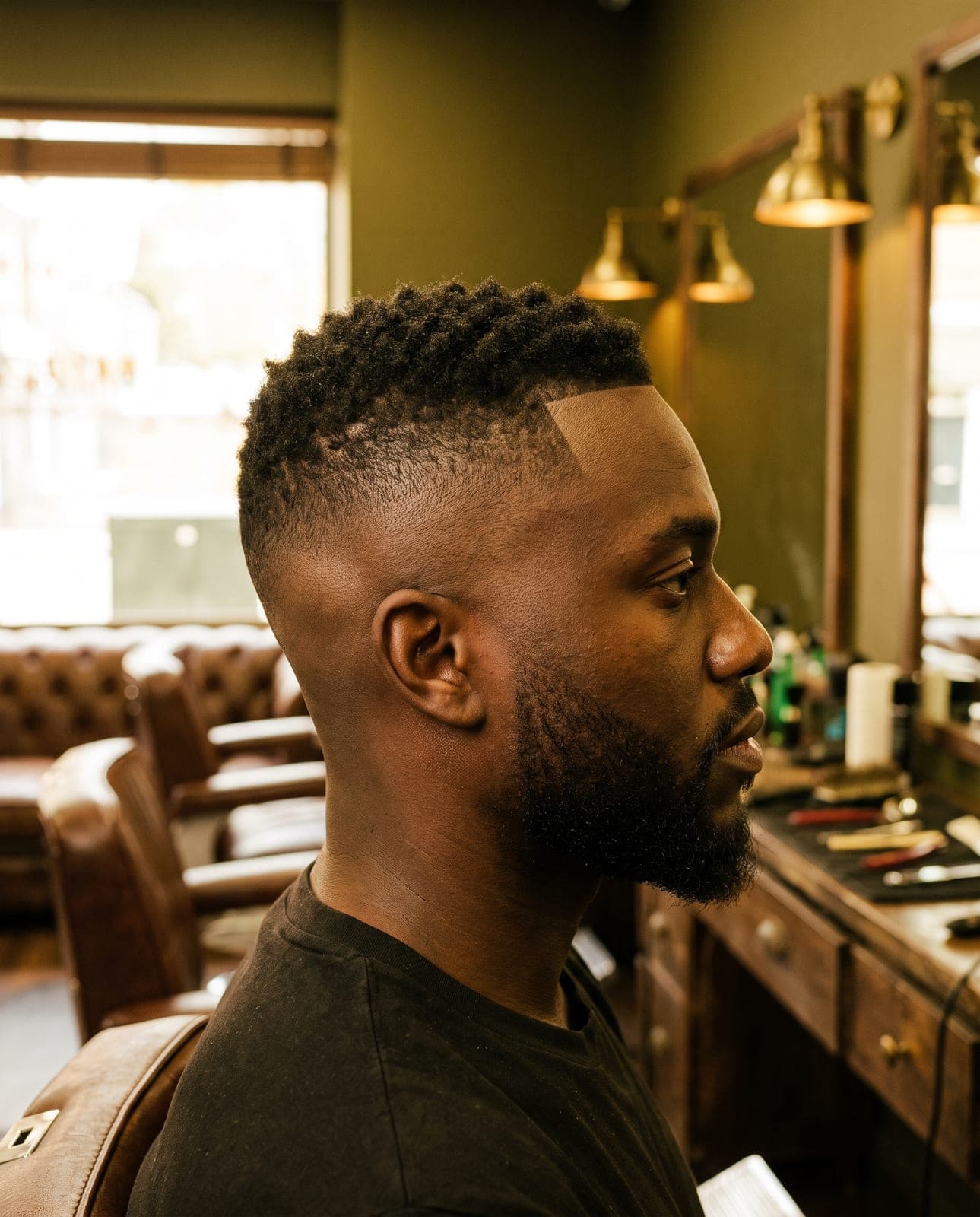 A skin fade, sides blended down to smooth skin